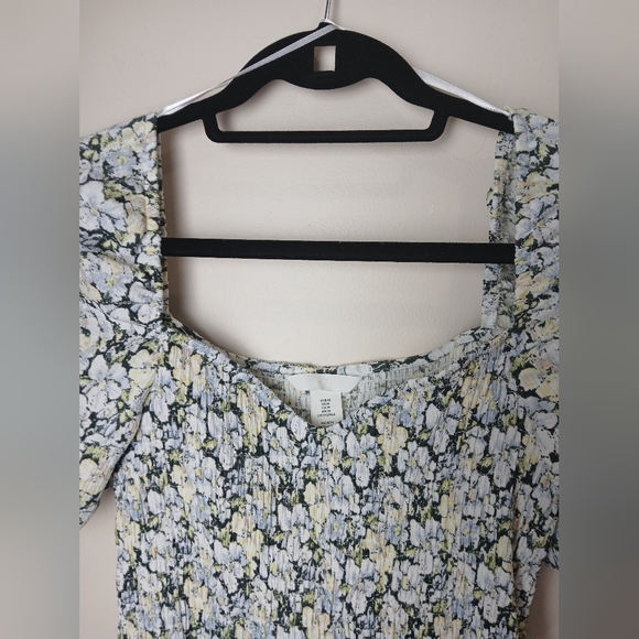 NWT H & M Floral Puff Sleeve Midi Dress Green Yellow Blue White - Picture 6 of 13